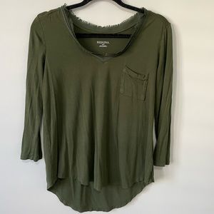 Green Long Sleeve Top with Fray Neckline